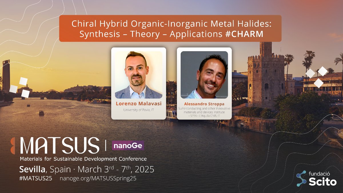 nanoGeConferences (@nanoge_conf) on Twitter photo 🟠Explore chiral metal halides covering all the aspects from the materials design and synthesis, computational and experimental characterization and device engineering at #MATSUS25 <a href="/nanoGe_Conf/">nanoGeConferences</a>
📍Seville,Spain
🗓️3rd-7th March 2025
👉Send an oral abstract:nanoge.org/MATSUSSpring25 🟠Explore chiral metal halides covering all the aspects from the materials design and synthesis, computational and experimental characterization and device engineering at #MATSUS25 <a href="/nanoGe_Conf/">nanoGeConferences</a>
📍Seville,Spain
🗓️3rd-7th March 2025
👉Send an oral abstract:nanoge.org/MATSUSSpring25