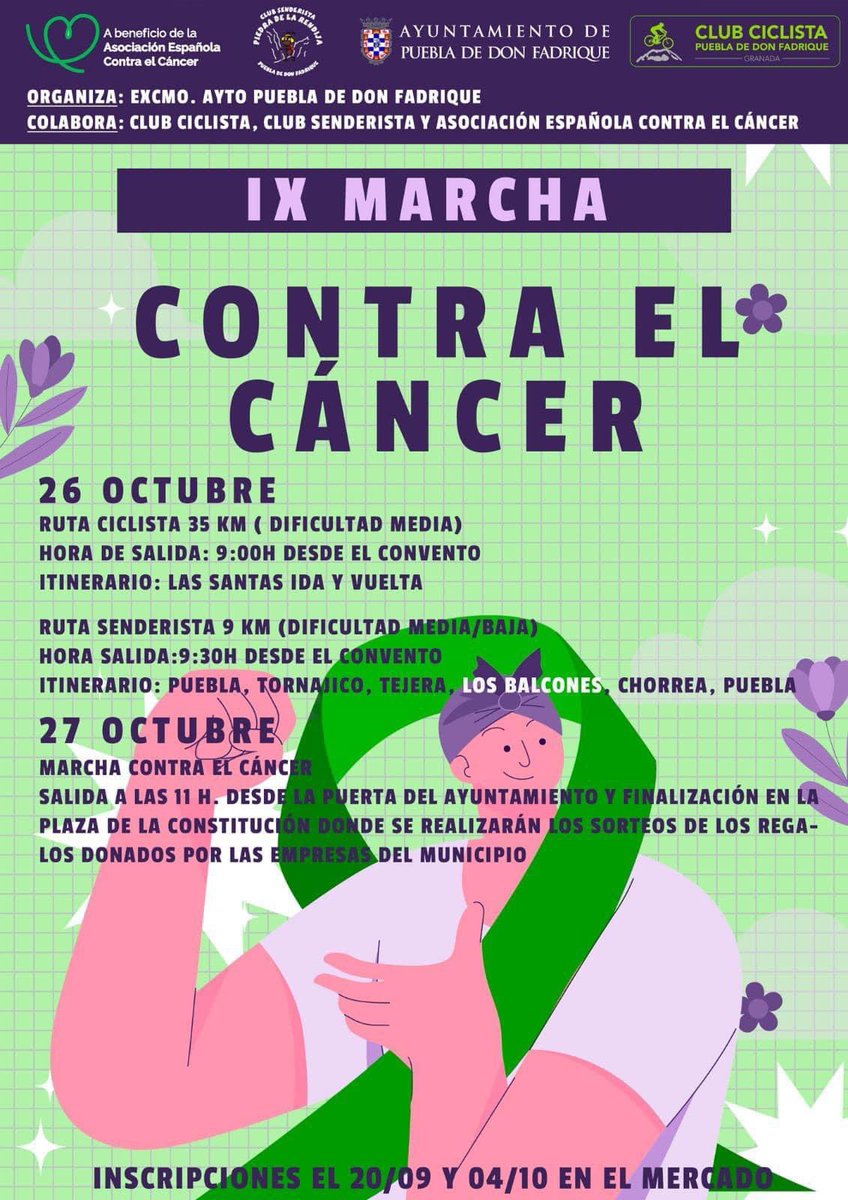 IX MARCHA CONTRA EL CÁNCER

Los días 26 y 27 de octubre tienes una lucha contra el cáncer!! 🎗️🩷
