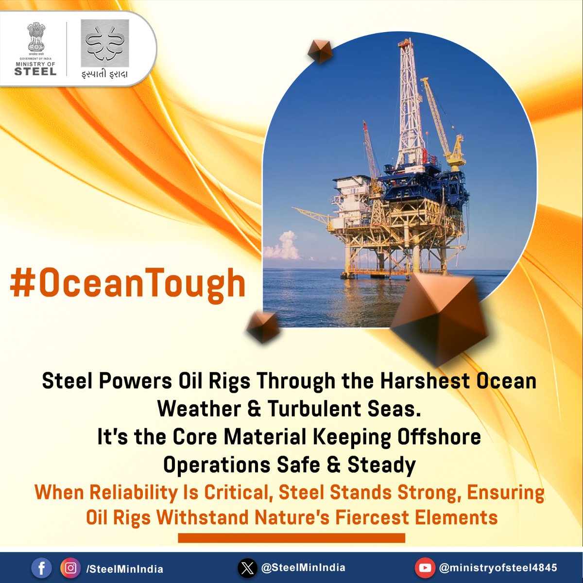 SteelMinIndia's tweet photo. Steel is what keeps oil rigs standing tall in the wildest seas. Strong, durable, and built to last—it's the foundation of offshore engineering. 🌊⚙️
#SteelStrength #SteelLife #ResilientEngineering https://t.co/gJomxblVGI