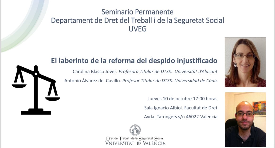 El próximo jueves tenemos nuevo Seminario Permanente departamental: El laberinto de la reforma del despido injustificado, a cargo de <a href="/CarolinaBlasco6/">Carolina Blasco</a> y <a href="/AlvarezCuvillo/">Antonio Álvarez del Cuvillo</a> 

Os esperamos para debatir sobre este tema tan actual.