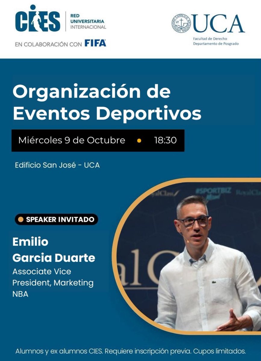 Rafael Trevisan (@rafaeltrevisan1) on Twitter photo 📆 Miercoles 9/10 18.30Hs
en la UCA
🚨Actividad exclusiva para Alumnos y ex alumnos del “Programa de Derecho y Management del Deporte UCA/FIFA/CIES 🇦🇷”
📣 Clase especial de <a href="/emilioinmotion/">Emilio García Duarte</a> ( Associate Vice President NBA - Marketing NBA)
📝 Inscripción:
lnkd.in/dgJ37bwK 📆 Miercoles 9/10 18.30Hs
en la UCA
🚨Actividad exclusiva para Alumnos y ex alumnos del “Programa de Derecho y Management del Deporte UCA/FIFA/CIES 🇦🇷”
📣 Clase especial de <a href="/emilioinmotion/">Emilio García Duarte</a> ( Associate Vice President NBA - Marketing NBA)
📝 Inscripción:
lnkd.in/dgJ37bwK