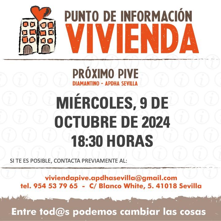 APDHASevilla's tweet photo. ⚠️ Si tienes problemas con tu alquiler, hipoteca o falta de vivienda te podemos ayudar!

PIVE Diamantino APDHA
🗓️ Miércoles 9 octubre 18:30 h APDHA Sevilla, Calle Blanco White 5

Cita previa
☎️ 954537965 

viviendapive.apdhasevilla@gmail.com 

#ViviendaPorDerecho #DerechoATecho https://t.co/wZw12b4XSX