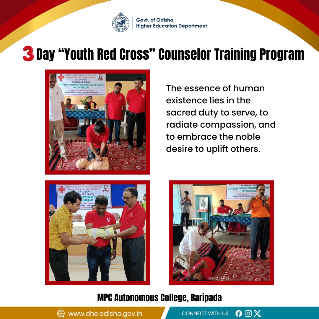 DHE_Odisha's tweet photo. A 3-Day “Youth Red Cross” Counselor Training Program at MPC Autonomous College, Baripada.

At the heart of our shared humanity is the hallowed calling to serve, to illuminate the world with compassion, and to embody the noble aspiration of uplifting those around us. https://t.co/O8BvInPDb4