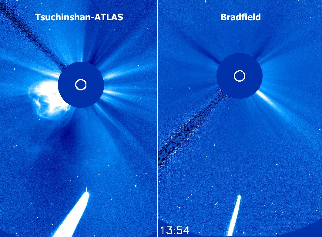 TrygvePrestgard's tweet photo. For the fun of it, I've combined two SOHO/LASCO C3 image extracts, one of C/2023 A3 (Tsuchinshan-ATLAS) and the second of C/2004 F4 (Bradfield), just as they entered the FOV. Considering that F4 was among the more spectular comets seen in LASCO, my expectations for A3 are high! https://t.co/91t4qwC6zI