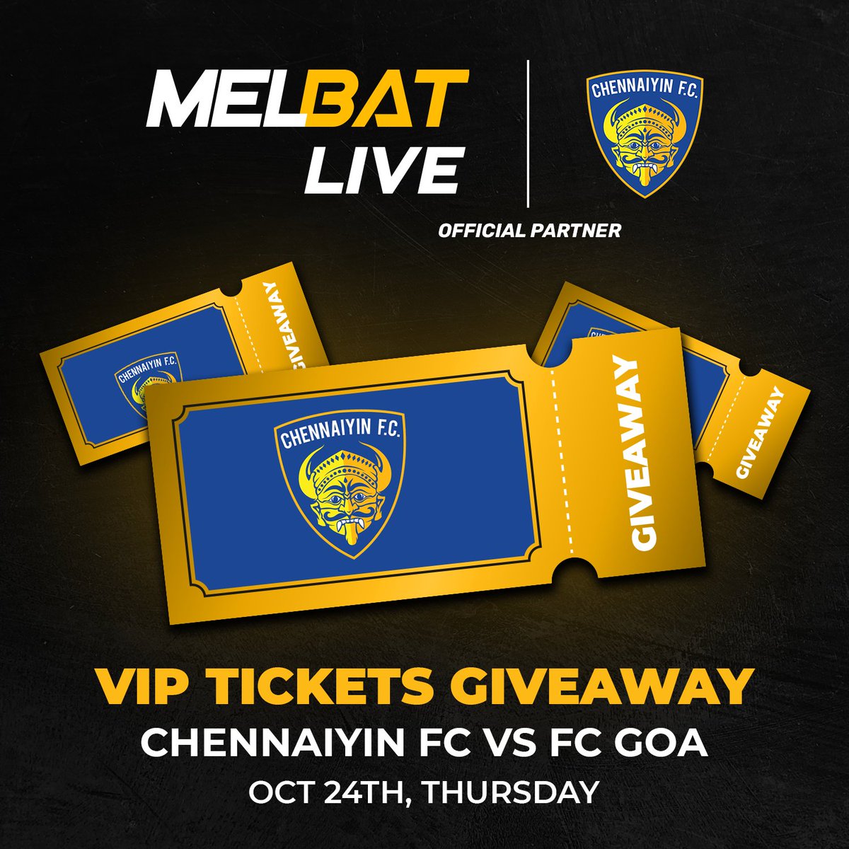 Melbat_official's tweet image. 🎉 Win VIP Tickets! 🏆

Win VIP tickets to @ChennaiyinFC vs FC Goa on Oct 24th!

✨ How to enter: 
1️⃣ Follow @Melbat_official 
2️⃣ Share this post 
3️⃣ Tag a friend

15 winners get 2 VIP tickets each! Winners announced Oct 13. Don&apos;t miss out! Good luck! 🍀