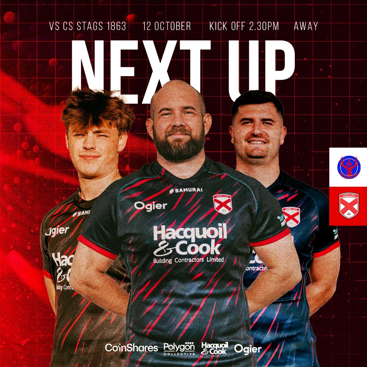 NEXT UP - 
🆚 CS Stags 
⏰ 2.30 PM 
🏟️ Kings House Sports Ground 

Huge game incoming as we face 2nd place and unbeaten CS Stags. 

Updates on socials and via Veo Live Stream.

#jerseyrfc #rugby #jersey