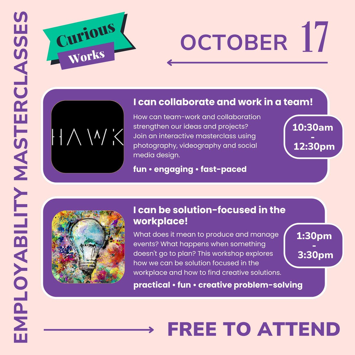 Are you aged 16-25, living in the Wigan Borough and want to learn &amp; develop transferable employability skills in a creative &amp; fun way?

Join us for FREE creative employability masterclasses, led by professionals from the creative industries.

bit.ly/4bCRezL