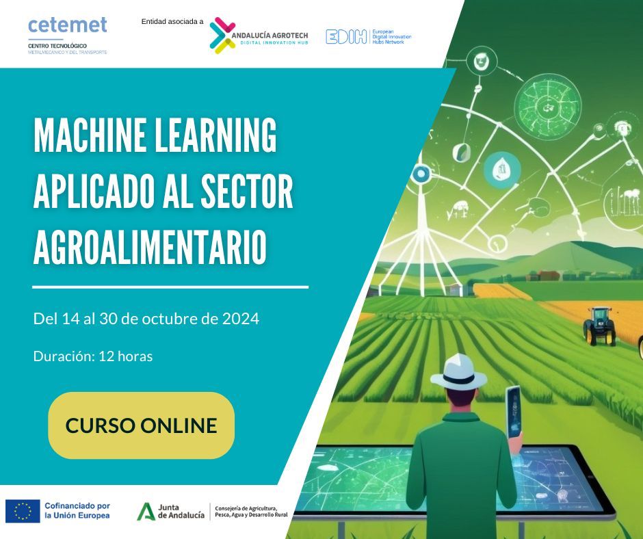 cei_A3's tweet photo. ✍️Inscríbete en el curso #online de #MachineLearning aplicado al sector #agroalimentario, conceptos básicos, Python y algoritmos hasta su implementación práctica

📅14-30 de octubre de 2024

⏲️ 12 horas

💻Impartido por @cetemet

📲Info https://t.co/llSjlAGmIY https://t.co/XZ7cLbwRFw