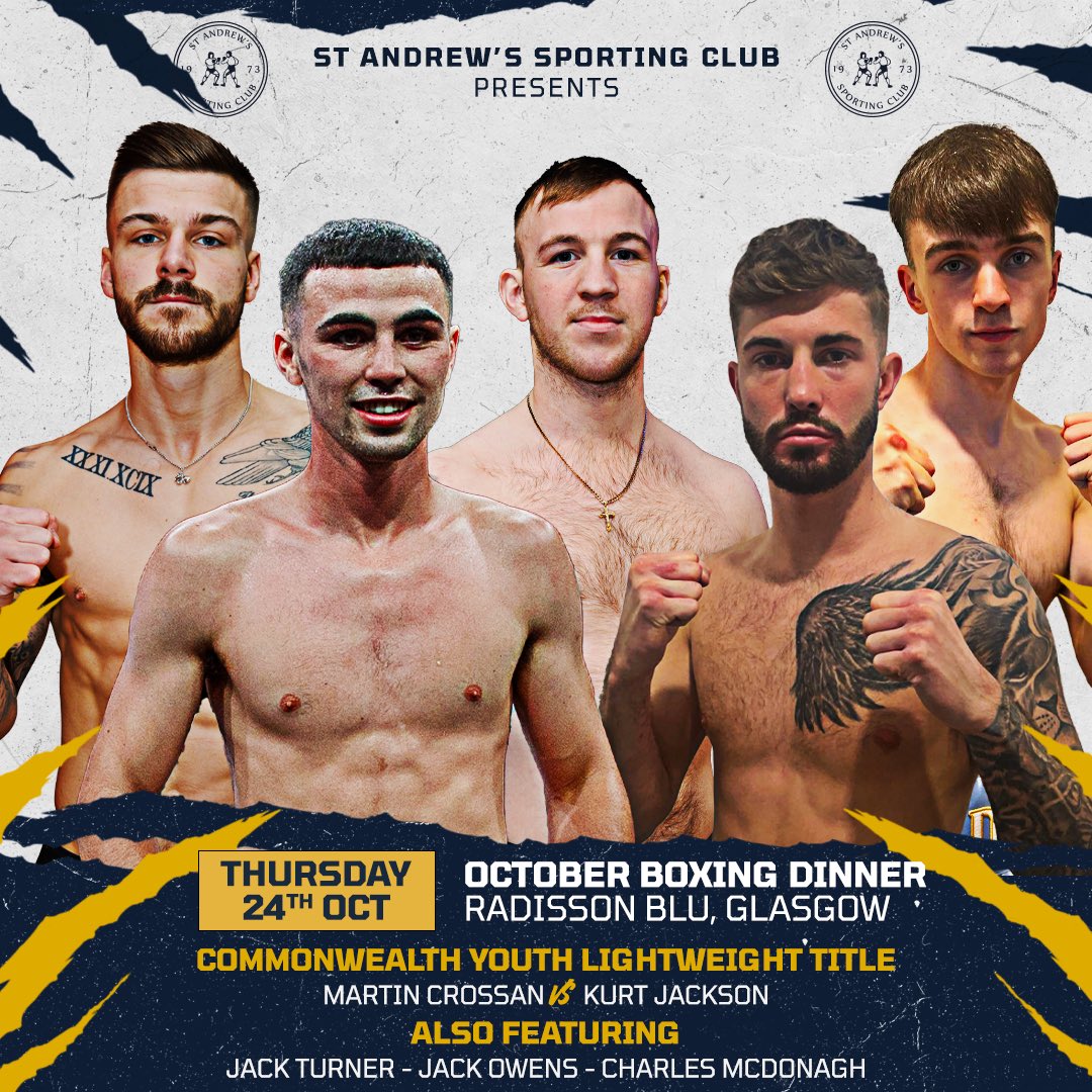 𝑵𝑬𝑿𝑻 𝑼𝑷… 𝑶𝑪𝑻𝑶𝑩𝑬𝑹 𝑩𝑶𝑿𝑰𝑵𝑮 𝑫𝑰𝑵𝑵𝑬𝑹 🌟 

𝙏𝙝𝙪𝙧𝙨𝙙𝙖𝙮 24𝙩𝙝 𝙊𝙘𝙩𝙤𝙗𝙚𝙧
𝙍𝙖𝙙𝙞𝙨𝙨𝙤𝙣 𝘽𝙡𝙪, 𝙂𝙡𝙖𝙨𝙜𝙤𝙬

A stacked line up with a championship headliner 🔥