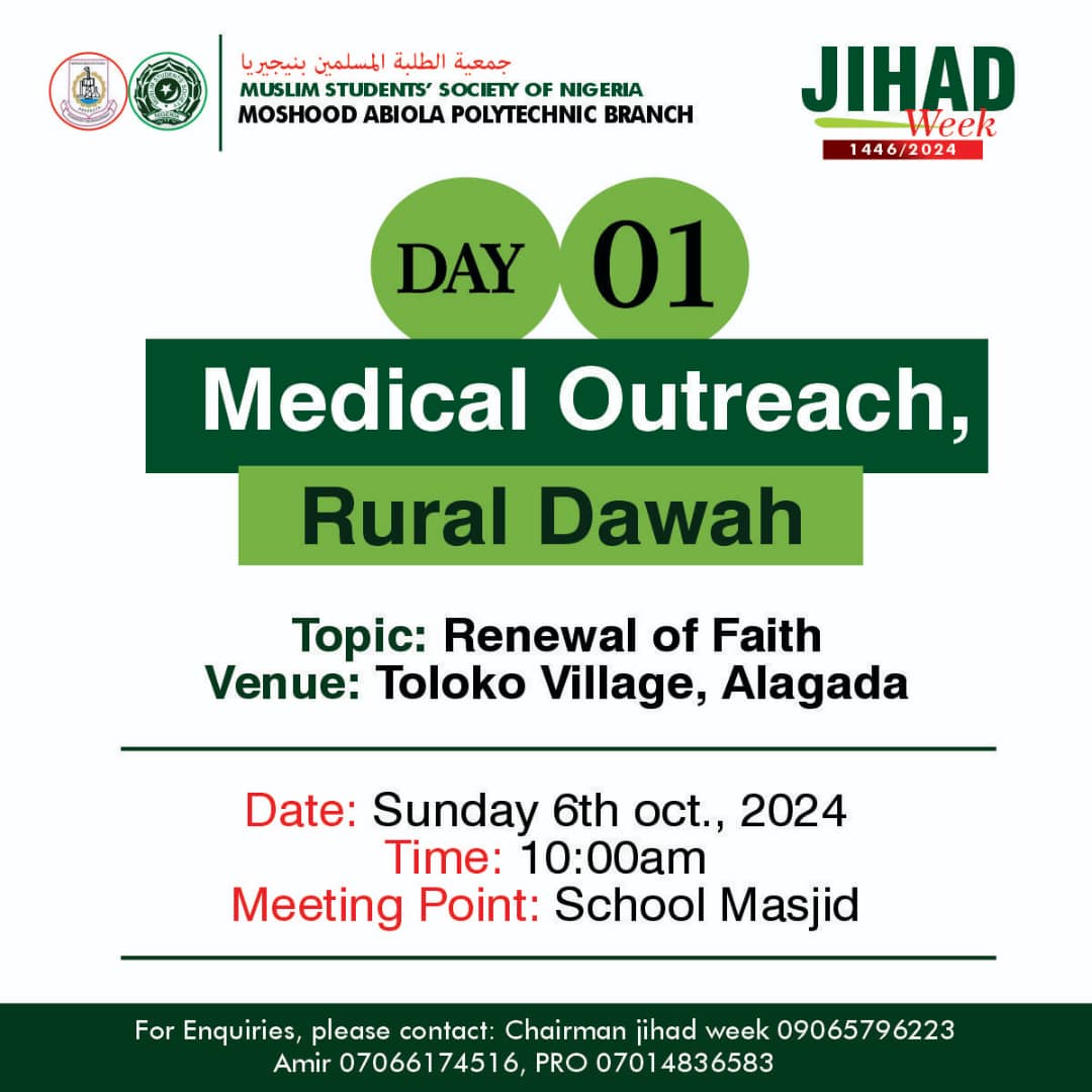 MapolyMssn's tweet photo. The countdown begins!

DAY 1: Medical Outreach and Rural Da'wah!

Perks:
•Free Medical check-up 
•Spiritual upliftment
•Networking
•Community Connection.
•And of course, item 7, In Shaa Allah 🤭💃

#JihadWeek24 #MSSNMAPOLY
#InspirationAhead https://t.co/KlhzRO3kbF