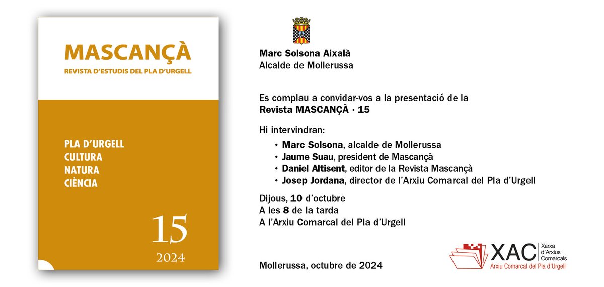 El mes d'octubre és el mes Mascançà per excel·lència, anoteu aquestes dues dates:

➡️ Presentació de la revista núm. 15
📆 Dijous 10 d'octubre
🕒 20.00
📍 Arxiu Comarcal
🎙 <a href="/JaumeSuau/">Jaume Suau</a> <a href="/solsona_marc/">Marc Solsona</a> @danitraka i Josep Jordana