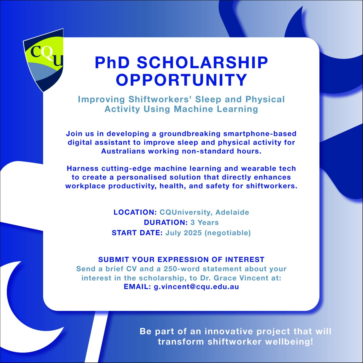 Exciting PhD Scholarship Opportunity! 🎓 Join our team at CQUniversity, Adelaide, and help develop a cutting-edge digital assistant to improve sleep and physical activity for shiftworkers using machine learning and wearable tech. 🌙💪