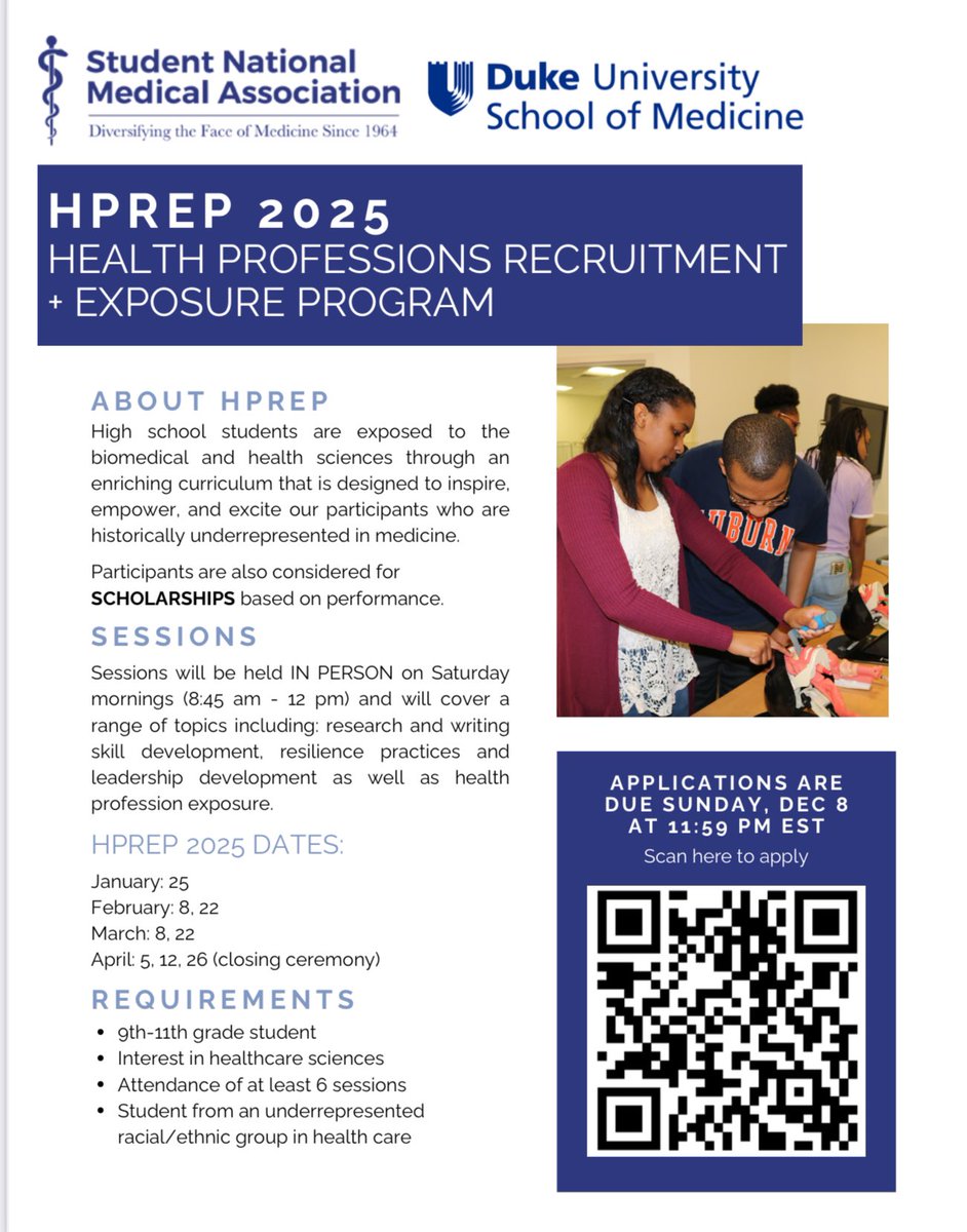 Adwoa Baffoe-Bonnie (@adwoa_med) on Twitter photo Do you know any URM high school students in NC who are interested in healthcare? We are now accepting applications for HPREP - our <a href="/SNMA/">Student National Medical Association, Inc (SNMA)</a> pathway program! Application & more info here: sites.duke.edu/hprep/ Do you know any URM high school students in NC who are interested in healthcare? We are now accepting applications for HPREP - our <a href="/SNMA/">Student National Medical Association, Inc (SNMA)</a> pathway program! Application & more info here: sites.duke.edu/hprep/
