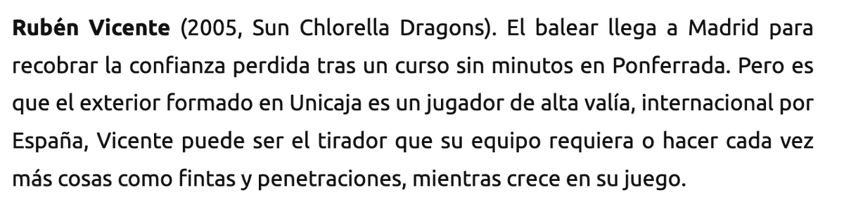 Las previas de <a href="/zonadebasquet/">zonadebasquet.com</a> son imperdibles y se destaca el bloque ZBK lleno de juventud, tanto como la llegada del internacional por España, Rubén Vicente, a <a href="/SportChlorella/">株式会社 サンクロレラ</a> Dragons.

El refuerzo está entre los Seniors U-22 a seguir en #TerceraFEB

zonadebasquet.com/2024/10/07/vei…