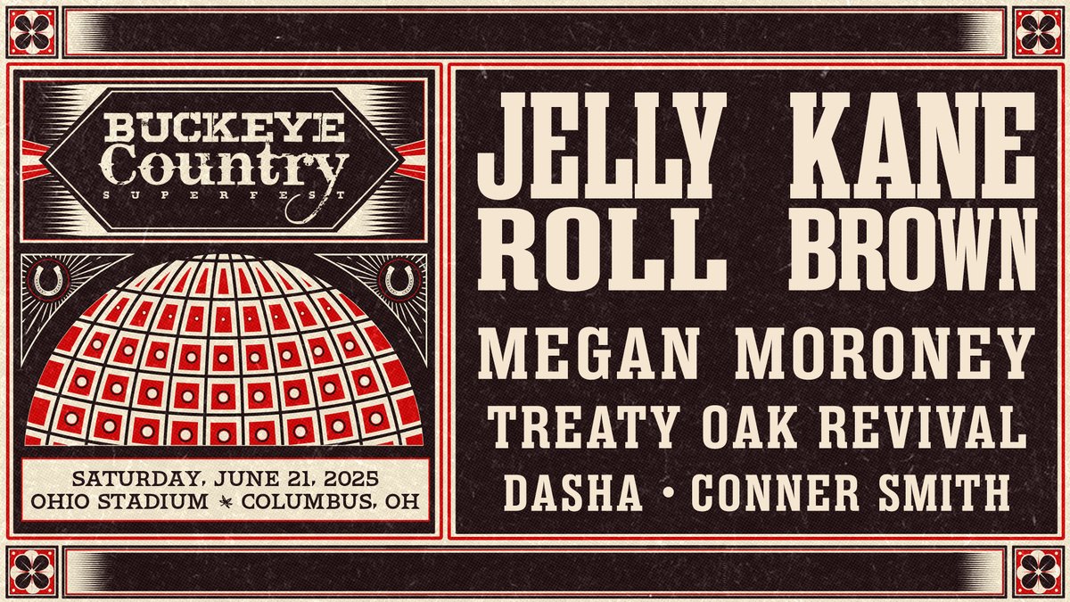 TheSchott's tweet photo. JUST ANNOUNCED: @Buckeye_Fest starring @JellyRoll615 & @KaneBrown with Special Guests #MeganMoroney, @TreatyOakMusic, @Dasha_Music, and #ConnerSmith on Saturday, June 21 at #OhioStadium. Tickets on sale Friday, October 18 at 10AM. Register for presale at https://t.co/5zYxecMomS. https://t.co/Fm8oYUx8z1