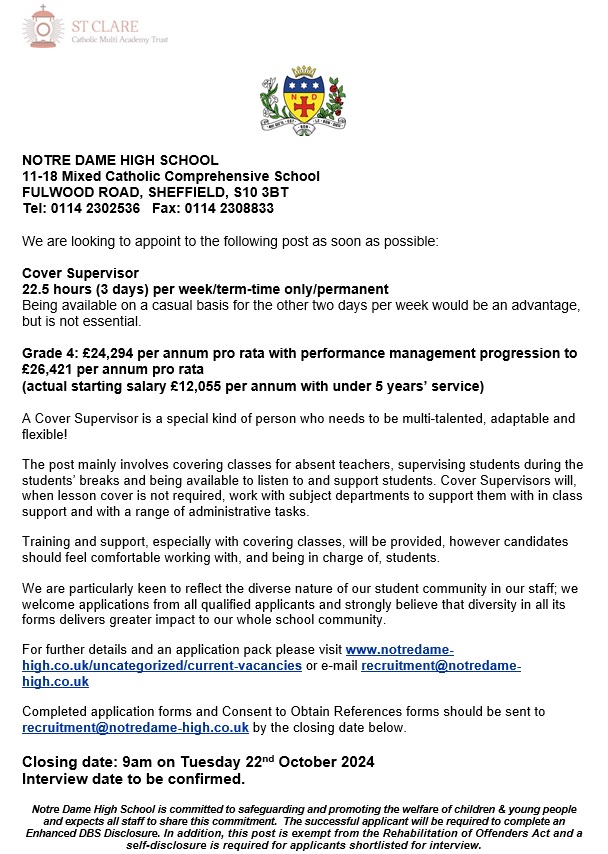 We currently have an exciting #JobOpportunity for a Cover Supervisor to work 3 days per week. For further information and to apply please visit notredame-high.co.uk Closing date 9am on Tuesday 22nd October 2024.