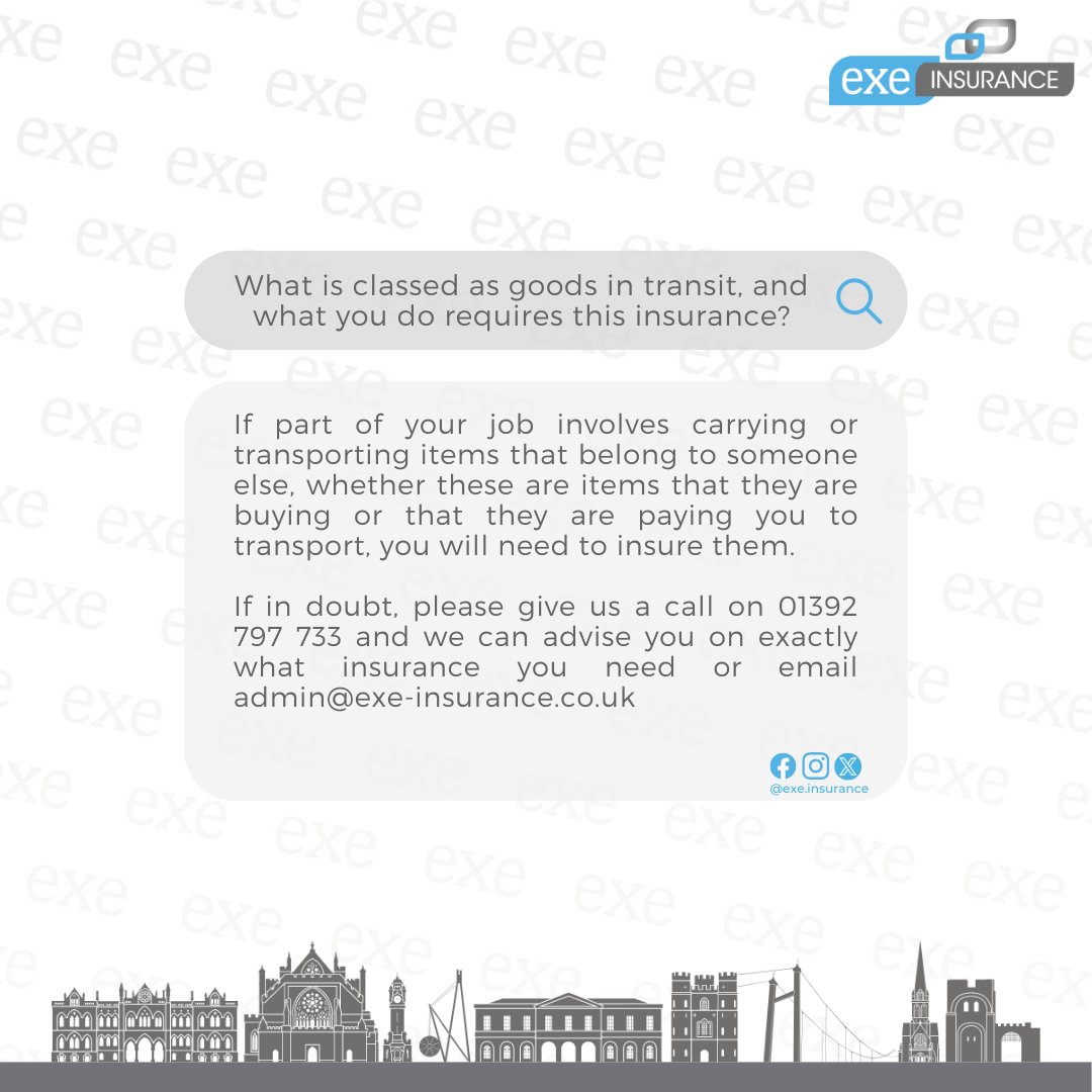 @EXEINSURANCE (@exeinsurance) on Twitter photo Do you know what is classed as goods in transit, and do you know if what you do requires this insurance?
If in doubt, please give us a call on 01392 797 733 and we can advise you on exactly what insurance you need or email admin@exe-insurance.co.uk
#goodsintransit #business Do you know what is classed as goods in transit, and do you know if what you do requires this insurance?
If in doubt, please give us a call on 01392 797 733 and we can advise you on exactly what insurance you need or email admin@exe-insurance.co.uk
#goodsintransit #business