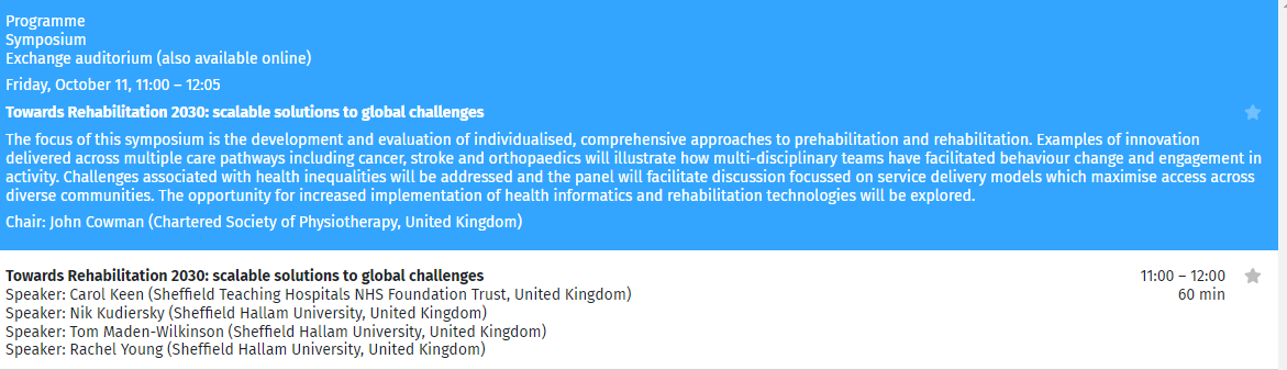 Attending #Physio24 this week? 

Make sure you attend the 'Towards Rehabilitation 2030: scalable solutions to global challenges' symposium, delivered by <a href="/CarolKeenPhysio/">Dr Carol Keen (PhD)</a> <a href="/nik_kudiersky/">Nik Kudiersky</a> <a href="/TMadenWilkinson/">Dr Tom Maden-Wilkinson</a> and Dr Rachel Young 

More info: csp2024.abstractserver.com/program/#/deta…