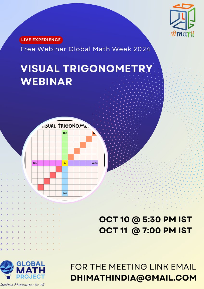 KiranABacche's tweet image. #gmw2024 #explodingdots
Join Us for a Free Visual Trigonometry Webinar This Week!
To receive the meeting link, please email dhimathindia@gmail.com. Don&apos;t forget to specify which date you&apos;d like to attend: October 10th or October 11th.
@jamestanton @GlobalMathProj