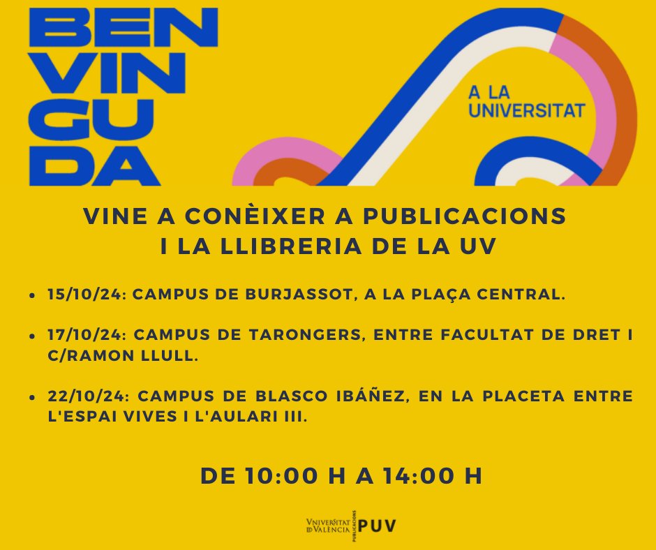 PUV (@publicacionsuv) on Twitter photo Durant aquest mes d'octubre, la Llibreria de la UV i Publicacions estarem presents a la <a href="/BenvingudaUV/">BenvingudaUV</a> per donar a conèixer el que fem a tot l'estudiantat 📚. Preneu nota:
🔺 Campus Burjassot: 15/10
🔺 Campus Tarongers: 17/10
🔺 Campus Blasco Ibáñez: 22/10 Durant aquest mes d'octubre, la Llibreria de la UV i Publicacions estarem presents a la <a href="/BenvingudaUV/">BenvingudaUV</a> per donar a conèixer el que fem a tot l'estudiantat 📚. Preneu nota:
🔺 Campus Burjassot: 15/10
🔺 Campus Tarongers: 17/10
🔺 Campus Blasco Ibáñez: 22/10