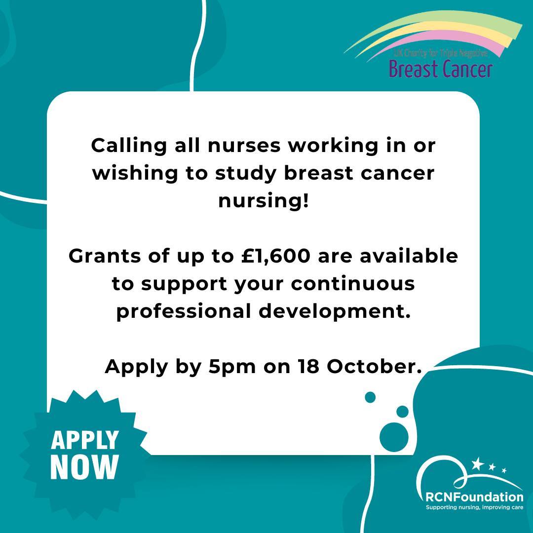 Are you a UK nurse working in or wishing to study breast cancer nursing?

October is #BreastCancerAwarenessMonth and following generous funding from Triple Negative Breast Cancer, grants of up to £1,600 are available to support your career👇
bit.ly/3IUABUk