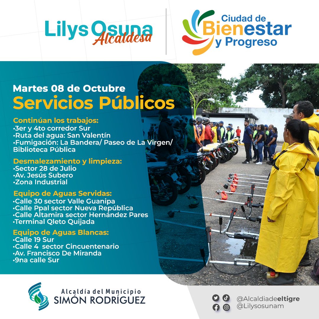 Buenos días queridos vecinos, esta es nuestra agenda para hoy #08Oct de Servicios Públicos.Trabajamos por una ciudad de #BienestaryProgreso
