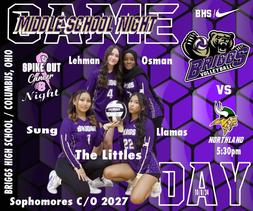 Pink Out tonight for last home match of the season as the Varsity and JV Bruins play Northland 5:30pm.  Come out and wear your Pink and support your Bruins Volleyball Teams. Let’s Go! <a href="/BriggsHSAth/">Briggs High School Athletics</a> <a href="/270315Sports/">270-315 Sports</a> <a href="/DispatchFrank/">Frank DiRenna</a>