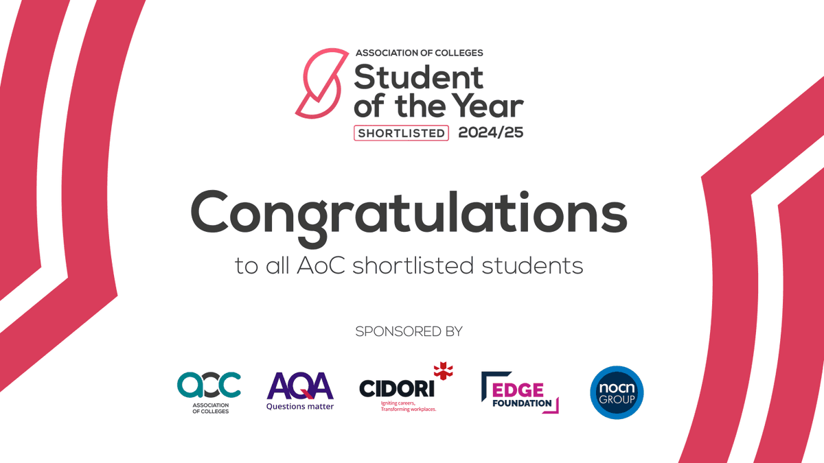 AoC_info's tweet photo. Congratulations to all shortlisted students for this year's Student of the Year Awards. #LoveOurColleges #AoCStudentAwards

Finalists will be announced on Wednesday 16 October. Find the shortlist here: https://t.co/6ewB0QFvbD https://t.co/UZCIXXGDKl