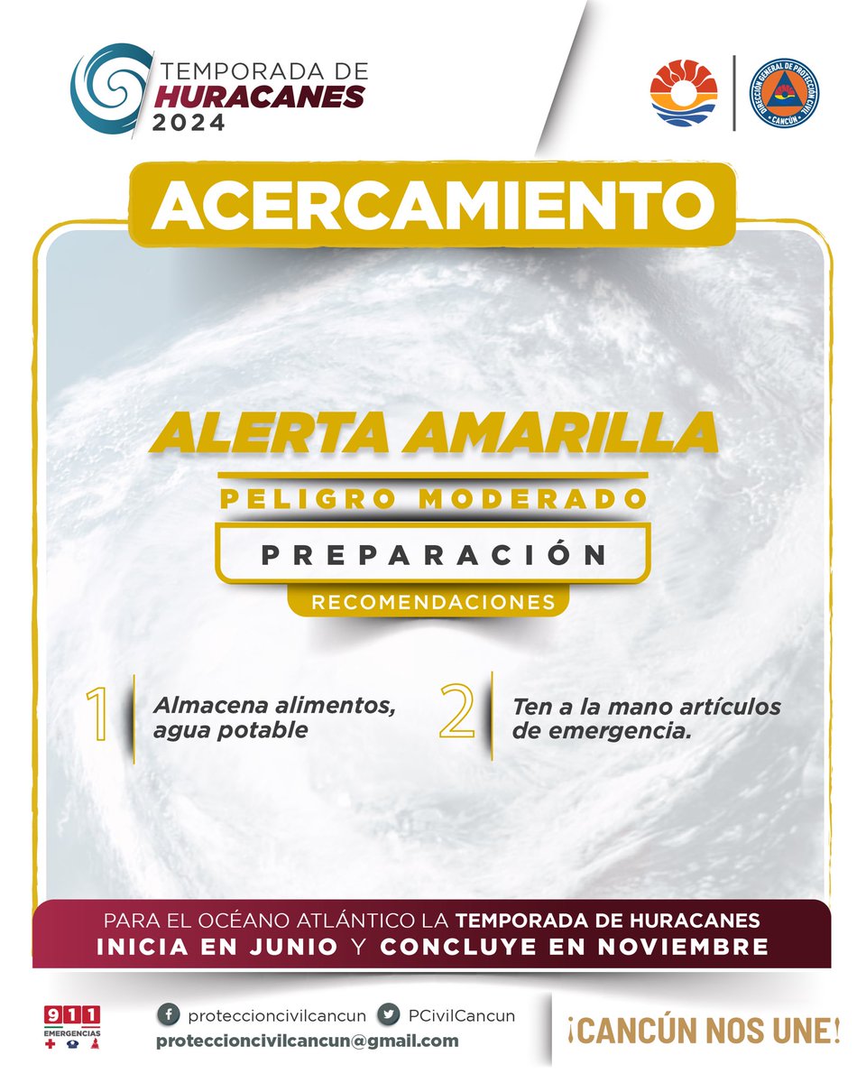 ⚠️ ALERTA AMARILLA: peligro moderado 🟡

#Cancún | Ante el acercamiento del Huracán Milton de categoría 4 se mantiene la alerta amarilla para nuestro municipio.

📲 Manténganse informados a través de medios oficiales. 

#PrevenirEsVivir 
#CancúnNosUne🤝🏼
