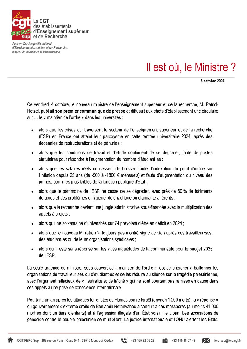 CgtFercSup's tweet photo. 🔴 Hetzel : tout va mal dans l'ESR, conditions de travail et d'études, salaires en baisse continue, déficit chronique, et le nouveau ministre communique sur le "maintien de l'ordre" 🤬pour réduire l'ESR au silence sur la tragédie palestinienne➡️Communiqué https://t.co/6SGYghLOiF https://t.co/wyK5sddsjF