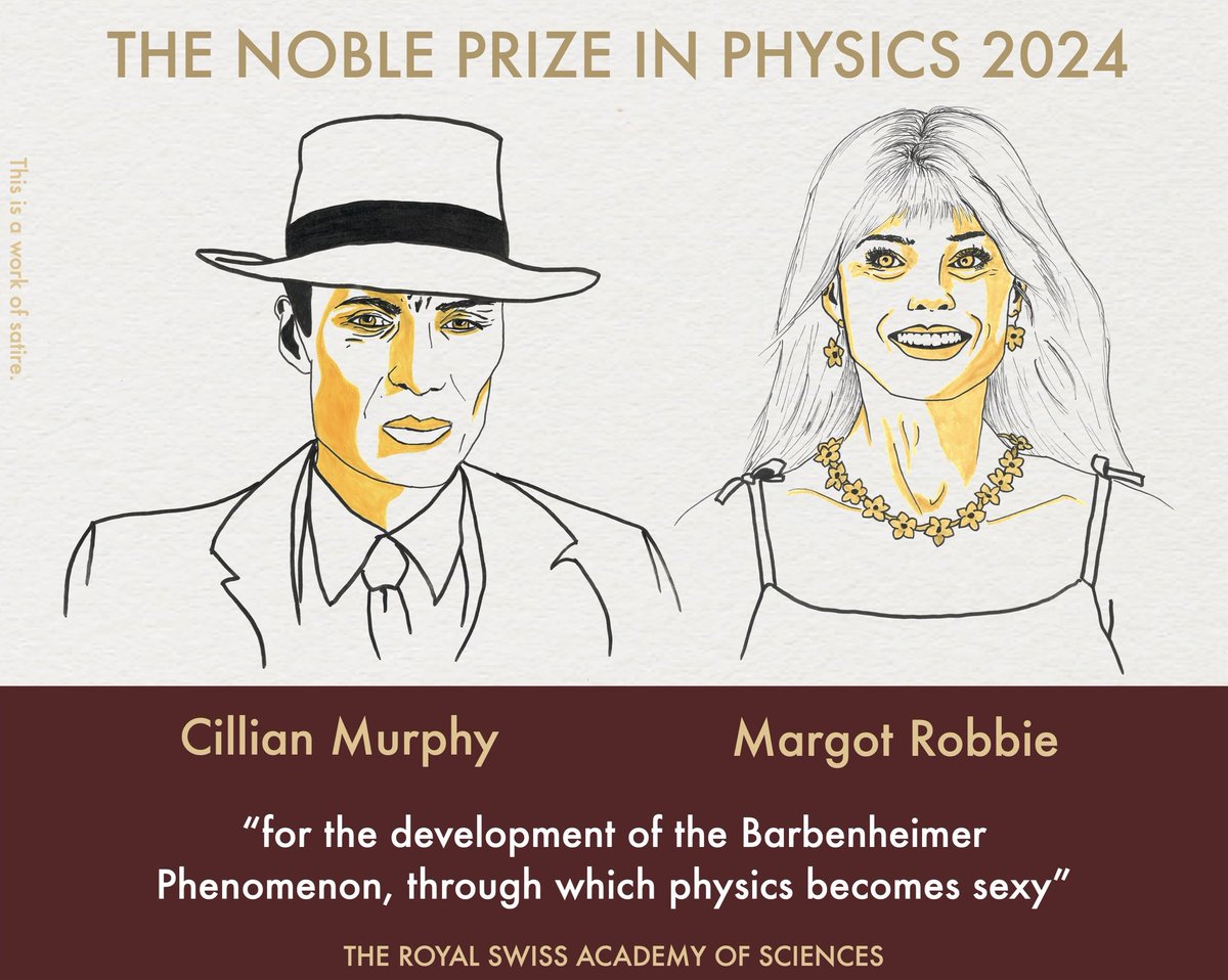 ANKIT PATEL 🇮🇳 | AI (@ankit_patel211) on Twitter photo <a href="/NobelPrize/">The Nobel Prize</a> Cillian Murphy and Margot Robbie have been honored with the 2024 Nobel Prize in Physics for their work on the Barbenheimer effect. 👀
#NobelPrize <a href="/NobelPrize/">The Nobel Prize</a> Cillian Murphy and Margot Robbie have been honored with the 2024 Nobel Prize in Physics for their work on the Barbenheimer effect. 👀
#NobelPrize