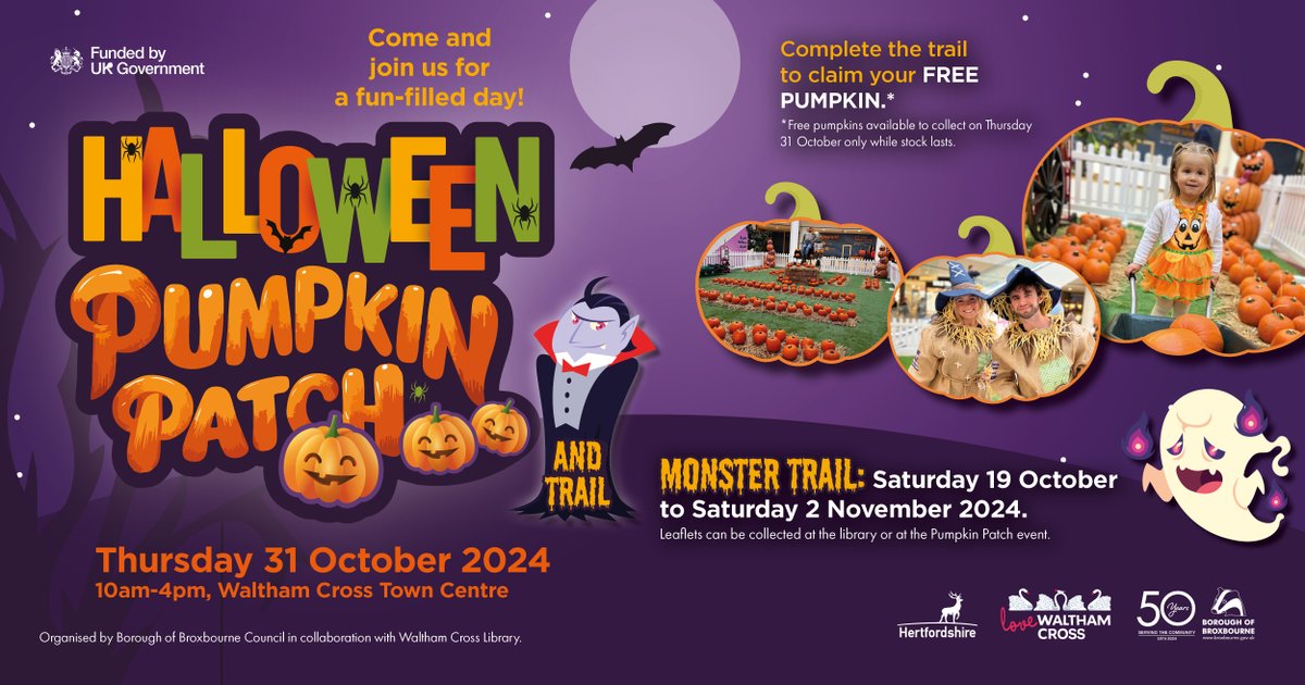 LoveWXHerts's tweet photo. Come and join us for a fun-filled day at the Halloween Pumpkin Patch 🧛🍂👻

Complete your trail to claim your FREE pumpkin whilst stock lasts. 

📅 Thursday 31 October from 10am to 4pm
📌 Waltham Cross Town Centre https://t.co/5XzpoD2wJN