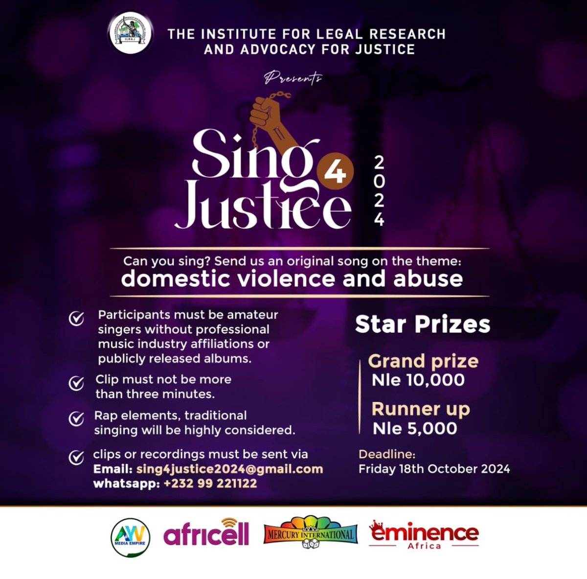 My dear fellow citizens,

As we continue with the difficult journey to get justice for victims of domestic violence and to raise awareness and as we live in a world that continues to try and impose the culture of silence, I hope that our ILRAJ Sing 4 Justice 2024 competition will
