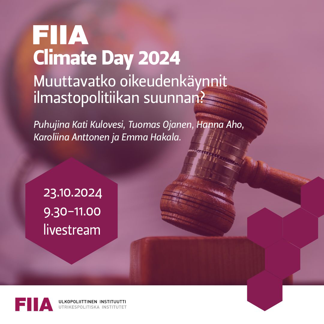 🌿⚖️ Viime vuosina oikeudenkäynneistä on tullut keino hoputtaa valtioita ilmastotoimiin. Miten ne vaikuttavat #ilmastopolitiikka'an kv-tasolla ja Suomessa?

➡️ Tästä keskustellaan #FIIAClimateDay -tilaisuudessa 23. lokakuuta.

Ilmoittaudu livestriimiin: fiia.fi/tapahtuma/fiia…