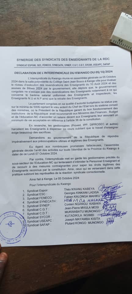 Nous apprenons que la grève continue au Kwango, et les autorités mettent en place un dispositif pour intimider les enseignants qui revendiquent leur droit.
