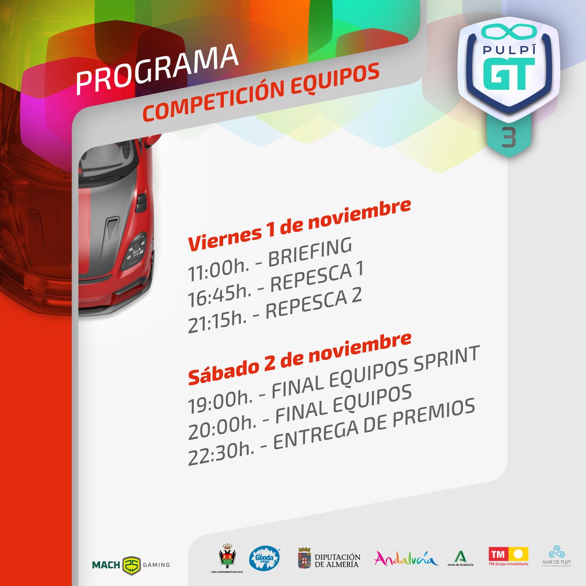 🔴| #GTPulpí 

¡LO MÁS TOP DE #GT7!  

🏁 | Competición simracing
🔝 | 24 equipos  
🚀 | +150 pilotos  
🔥 | Relevos  
🗓️ | 1 y 2 de noviembre
💰 | +2500€
📺 | YouTube Mach25Gaming 

❤️ | Mañana empezamos con las presentaciones de los equipos participantes.
