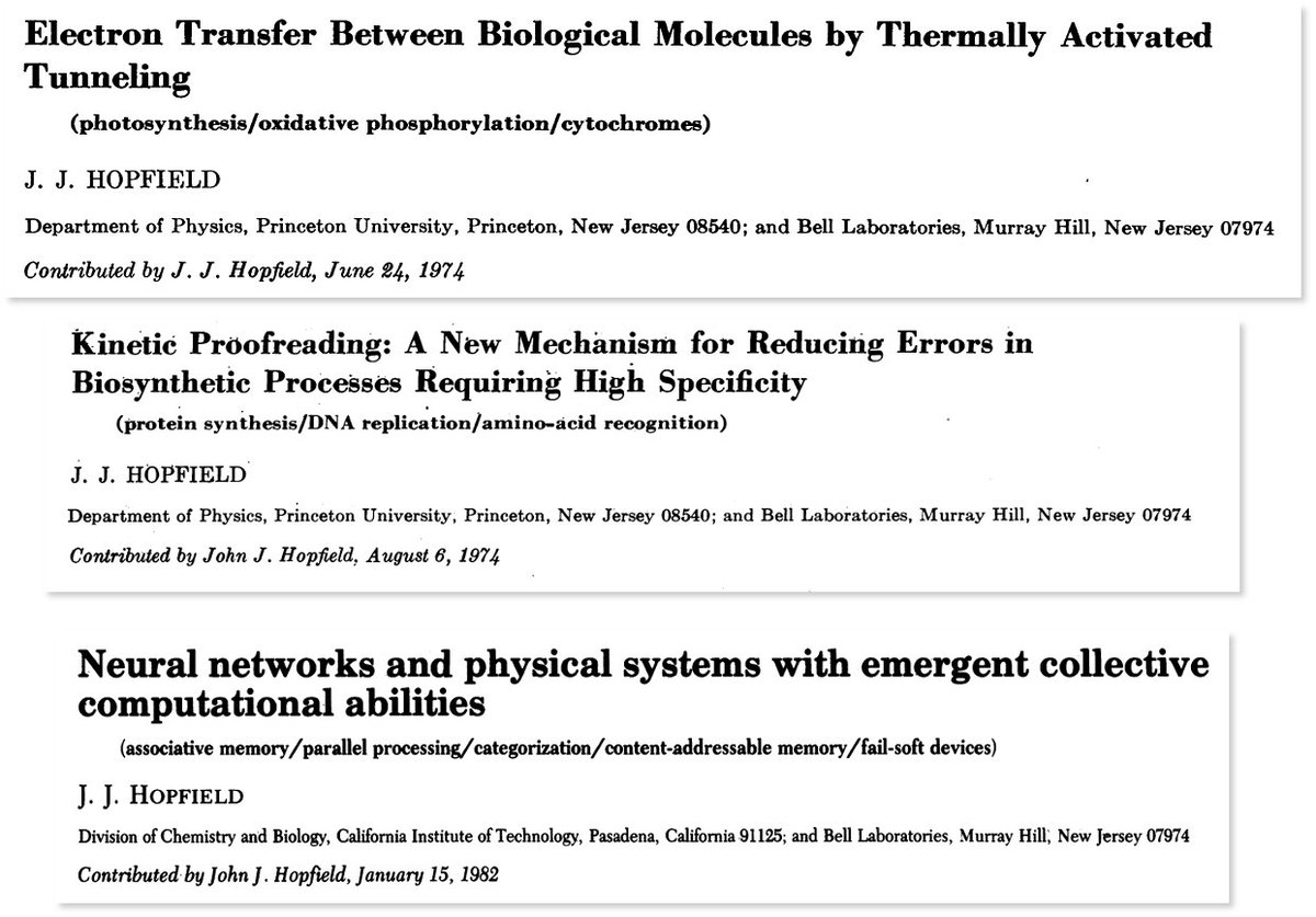 Vamsi Mootha (@vamsimootha) on Twitter photo Today's <a href="/NobelPrize/">The Nobel Prize</a> for John Hopfield recognizes only one of his contributions - he's a true polymath. I strongly recommend his solo author PNAS papers (i) long-range e- tunneling in proteins (1974), (ii) kinetic proof-reading (1974), (iii) Hopfield nets (1982). Each is a gem! Today's <a href="/NobelPrize/">The Nobel Prize</a> for John Hopfield recognizes only one of his contributions - he's a true polymath. I strongly recommend his solo author PNAS papers (i) long-range e- tunneling in proteins (1974), (ii) kinetic proof-reading (1974), (iii) Hopfield nets (1982). Each is a gem!