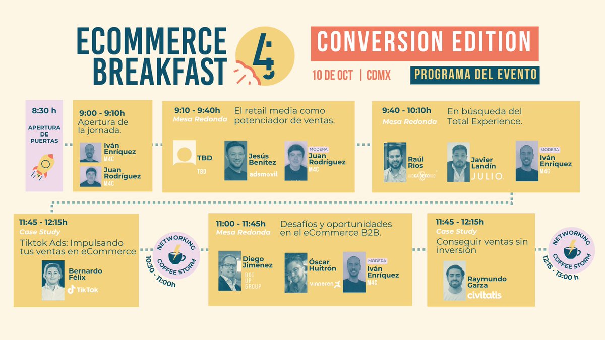 Mkt4eCommerce's tweet photo. 🍪¡Esta semana llega la 6ª edición del #eCommerceBreakfast de @Mkt4eCommerceMX! 🥂

📊 Será este jueves 10 de octubre en el Hotel W de CDMX y pinta increíble. 😎

¡Mira que pedazo de programa tienen! 👇 https://t.co/sGFdbogCg6