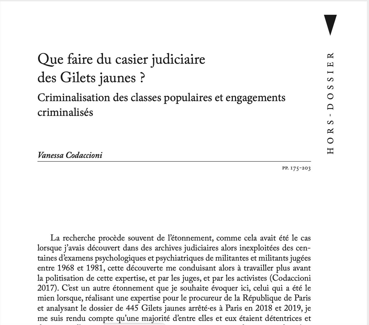 Dans le cadre de mes recherches sur la répression des Gilets jaunes, je suis tombée sur une source très intéressante : le casier judiciaire des manifestants. J'ai analysé pour la revue Genèses les antécédents judiciaires de 437 manifestants arrêtés à Paris
shs.cairn.info/revue-geneses-…