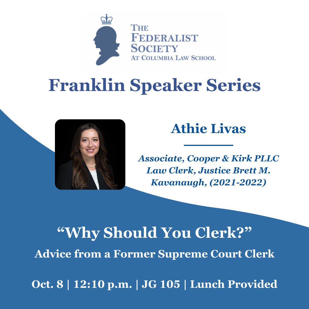 CLSFedSoc's tweet image. Come by at lunch today for a twist on our usual career programming: a clerkship panel with friend of the chapter Athie Livas.

Hope to see you there.