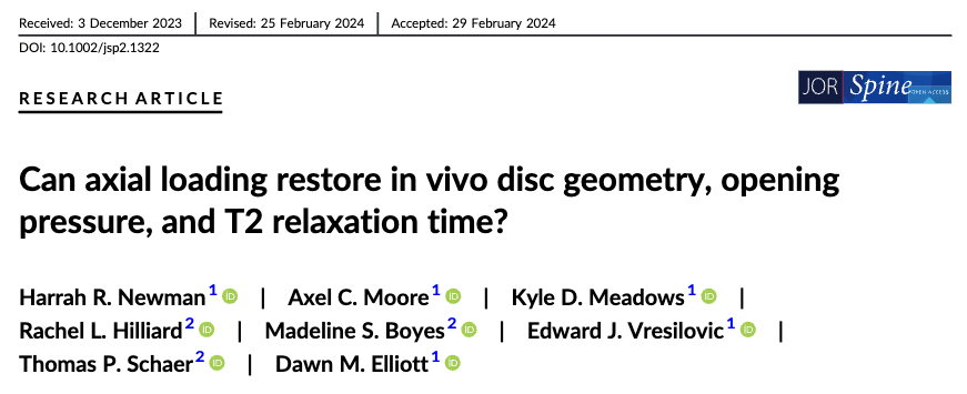 ISSLS_Society's tweet photo. Check out this recent publication in JOR Spine by #ISSLS members and long-time collaborators Ed Vresilovic and @ElliottLab
🔗 https://t.co/JPnkeV6Qra
"Can axial loading restore in vivo disc geometry, opening pressure, and T2 relaxation time?"
🧵... https://t.co/c97gL94xR1