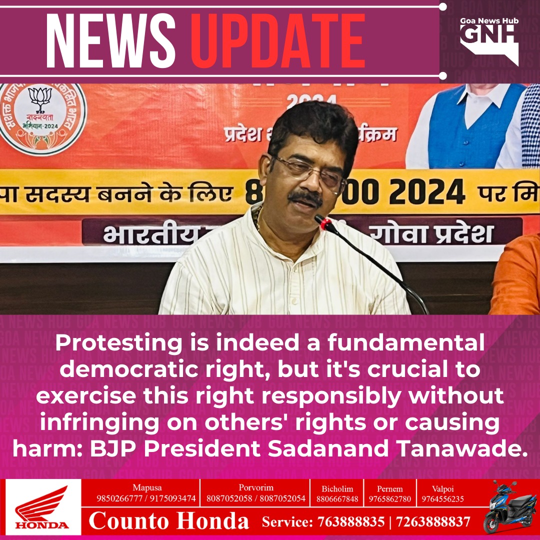 goanewshub's tweet image. "Protesting is indeed a fundamental democratic right, but it's crucial to exercise this right responsibly without infringing on others' rights or causing harm," said BJP President Sadanand Tanawade. 
@ShetSadanand
#DemocraticRights #Protest #PoliticalResponsibility