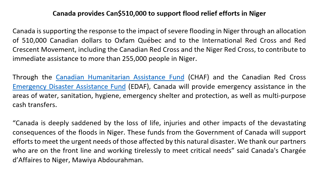 CanEmbMali's tweet image. To contribute to immediate relief for more than 255,000 people affected by the floods in Niger, Canada has allocated $510,000 CAD to @OxfamQuebec and to the international movement of the Red Cross via @redcrosscanada and @crniger. #CHAF #EDAF