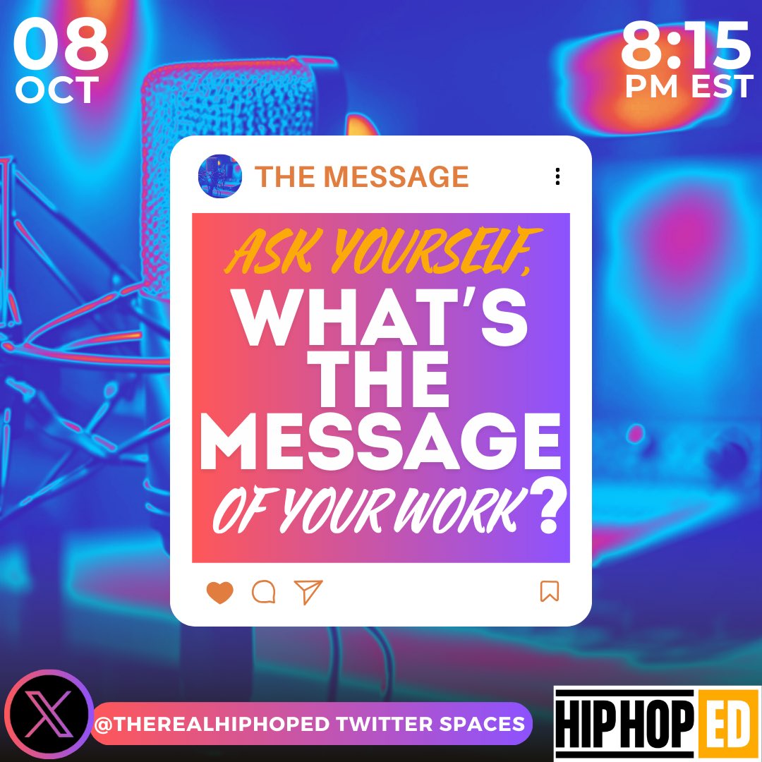 Tonight 8:15 PM EST join us on spaces w/@therealhiphoped to share the message of your work. #HipHopEd #SoWhatYouSaying
