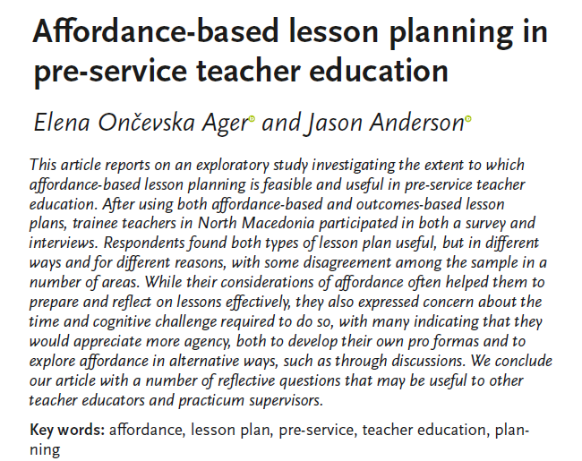 jasonelt's tweet image. Just published! Our report on research on affordance-based lesson planning in pre-service teacher education. doi.org/10.1093/elt/cc… DM me in case you can&apos;t access via ELT-J website. Thanks to Elena @oncevskager and the teacher-learners! :) #TESOL #lessonplanning