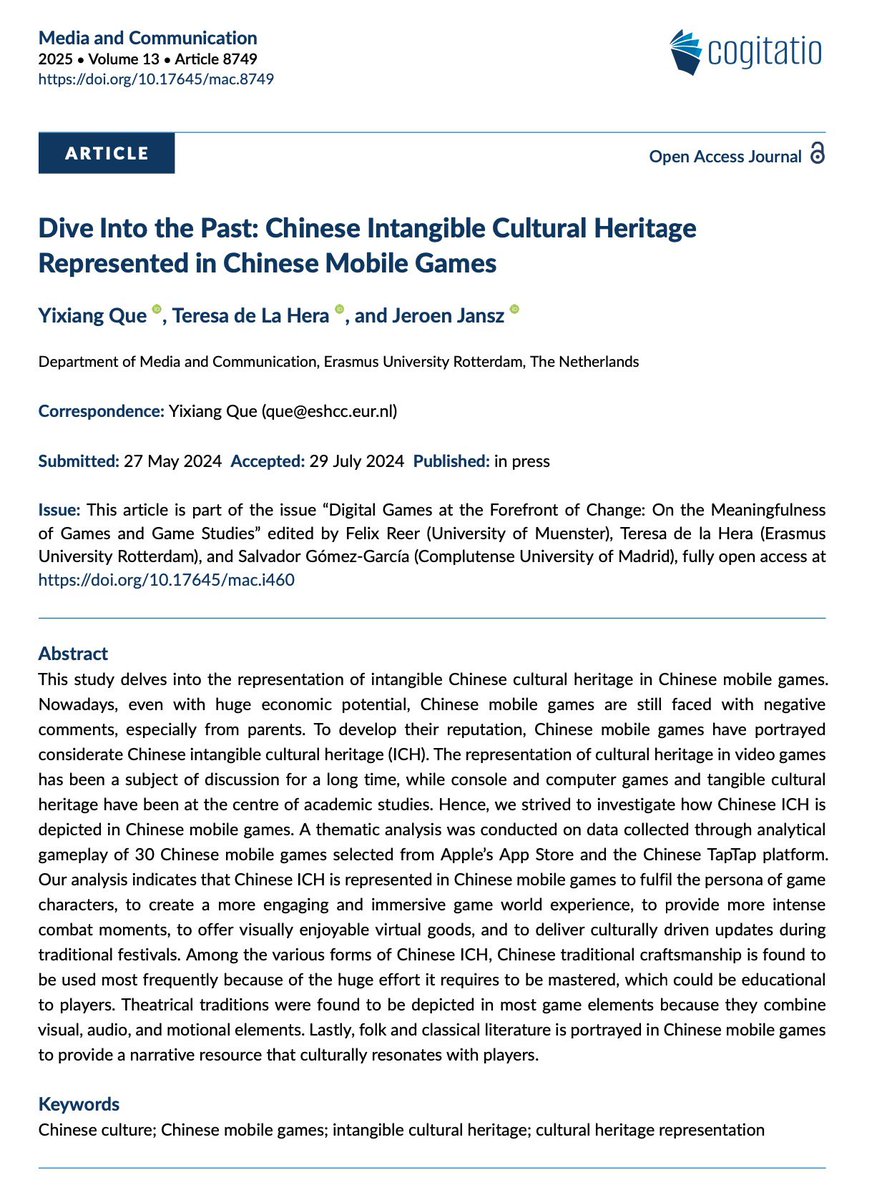 yixiang_que's tweet photo. My paper on the representation of Chinese intangible cultural heritage in Chinese mobile games is officially out with the journal media and communication. Please check it out 🎉 I did this study with my supervisor @teresadelahera and my promoter jeroenjansz
#digra #gamestudies https://t.co/NCehUmBi9t