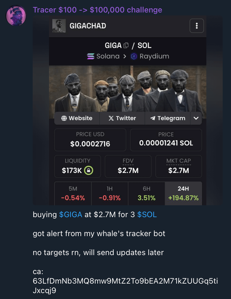 I called $GIGA in my TG channel at $2.7M...

and it hit $435M mcap, 161x since my call

Wanna give access to 100 more people now...

just like, retweet, and follow my public TG

I'll choose 100 least-liked replies and send link, gl 👾

p.s.: I will never charge you for invite!