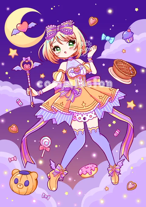 【works】ちゅなちさま(  )のイラスト2点を描かせていただきましたハロウィンで魔法少女感のあるご衣装にさせていただきました 