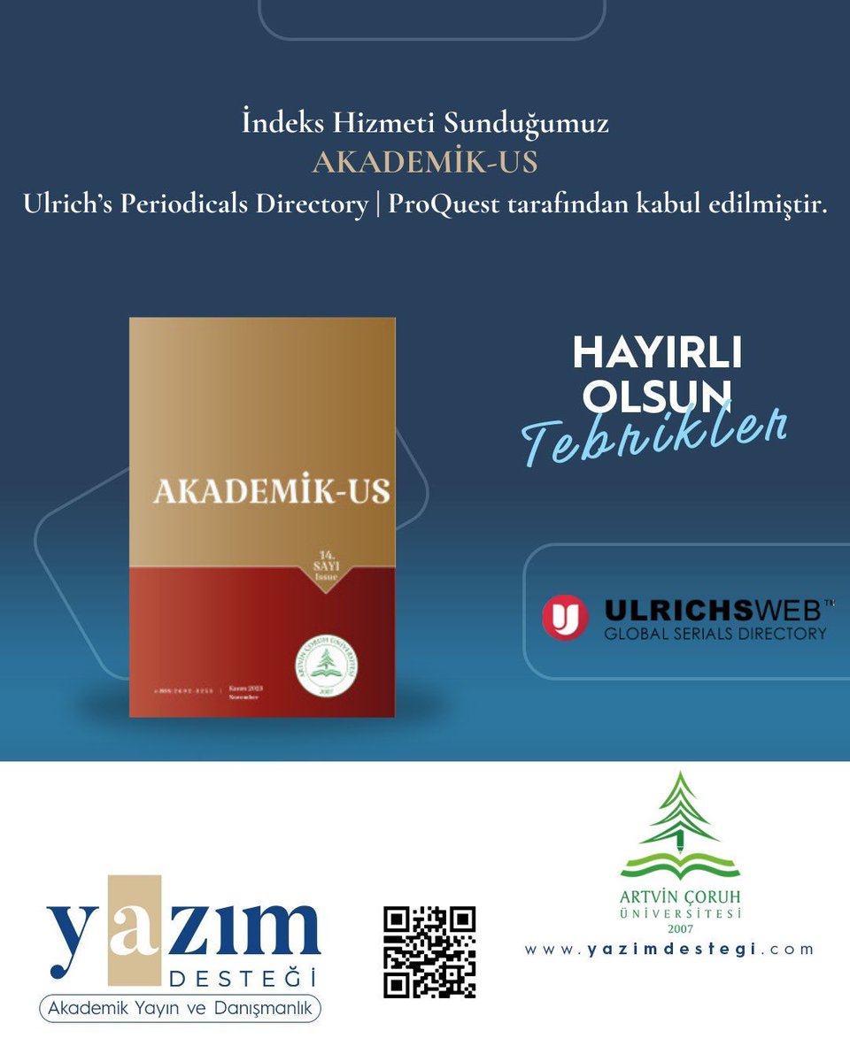 AkademikUs08's tweet photo. Artvin Çoruh Üniversitesi İlahiyat Fakültesi tarafından hazırlanan Akademik-Us adlı ulusal hakemli dergimiz, uluslararası saygın platformlarından Ulrich’s Periodicals Directory | ProQuest tarafından kabul edilmiştir.

Dizinler | https://t.co/8xmEBHgxjJ https://t.co/l6V0TcXXGw