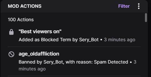 Last night I integrated automod in addition to what spam filtering Sery_Bot does. When certain bot messages come through, the term they use is added into automod.

The bot has already added over 8000 entries to Twitch streamers since I added it, only 8 hours ago.
